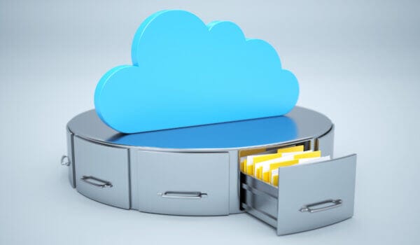 cloud backup illustration, cloud with drawers underneath with documents