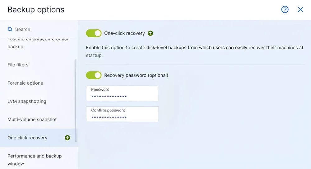 Acronis app backup options screenshot