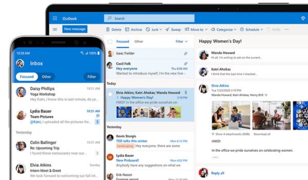 microsoft outlook app screenshot on smartphone and laptop